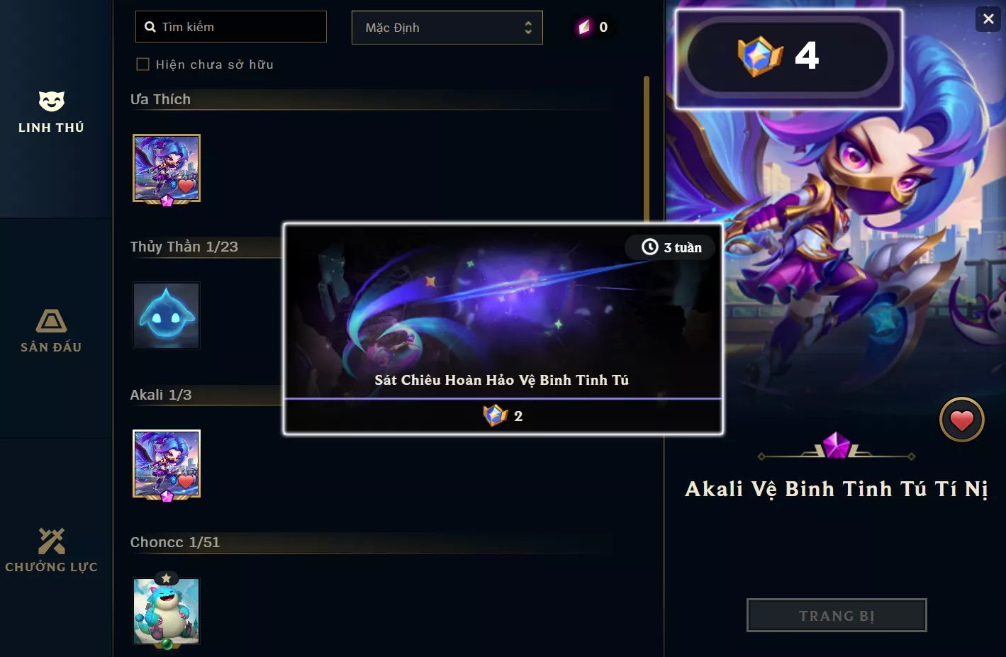 ACC TFT: Akali Vệ Binh Tinh Tú Tí Nị + Chưởng, Dư 4 huy hiệu,lv1 unrank, trắng thông tin